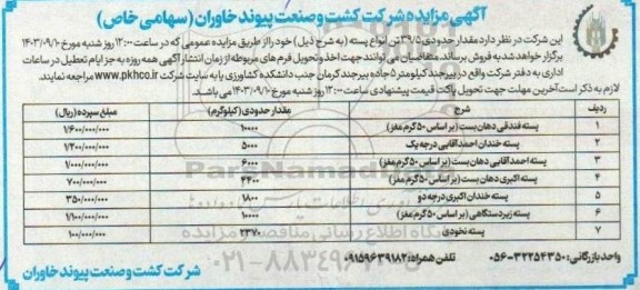 مزایده مقدار حدودی  39.5 تن انواع پسته
