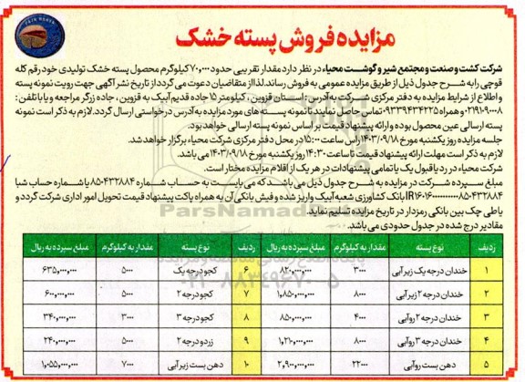 مزایده مقدار تقریبی حدود 70.000 کیلوگرم محصول پسته خشک تولیدی