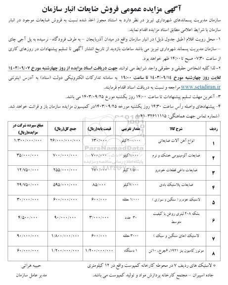 مزایده فروش ضایعات موجود در انبار