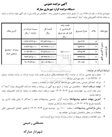 مزایده فروش املاک 