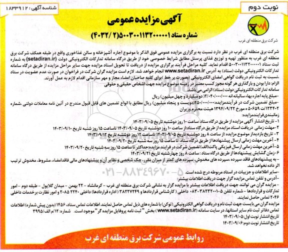 مزایده اجاره آشپزخانه و سالن غذاخوری نوبت دوم 