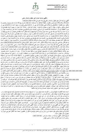 مزایده فروش ششدانگ یکدستگاه آپارتمان در طبقه همکف به مساحت 248/62 مترمربع