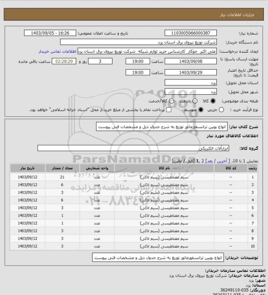 استعلام انواع بوبین ترانسفورماتور توزیع به شرح جدول ذیل و مشخصات فنی پیوست