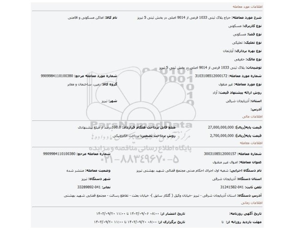 مزایده، پلاک ثبتی 1033 فرعی از 9014 اصلی در بخش ثبتی 5 تبریز