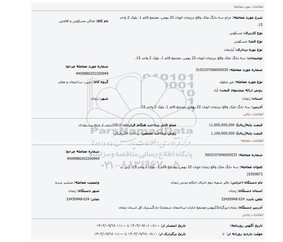 مزایده، سه دانگ ملک واقع  درزنجان اتوبان 22 بهمن، مجتمع قائم 1، بلوک 2 واحد 15،