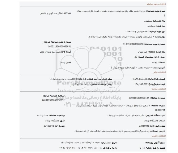 مزایده، 4 شعیر ملک واقع در زنجان – خیابان دهخدا – کوچه باقری چیزه – پلاک 2