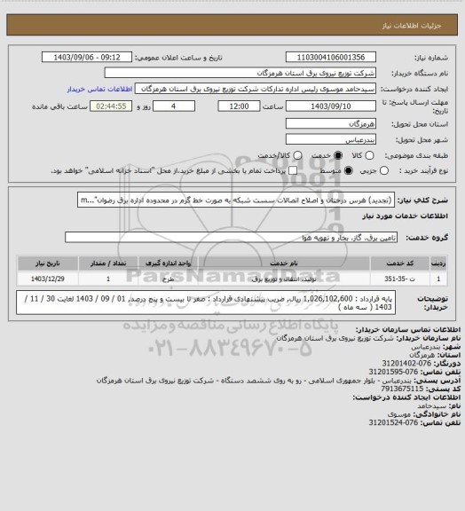 استعلام (تجدید) هرس درختان و اصلاح اتصالات سست شبکه به صورت خط گرم در محدوده اداره برق رضوان"...m