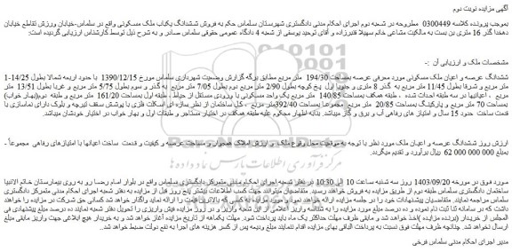 مزایده فروش ششدانگ عرصه و اعیان ملک مسکونی مورد معرفی عرصه بمساحت 194/30  متر مربع