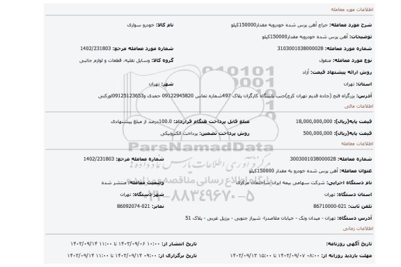 مزایده، آهن پرس شده خودروبه مقدار150000کیلو