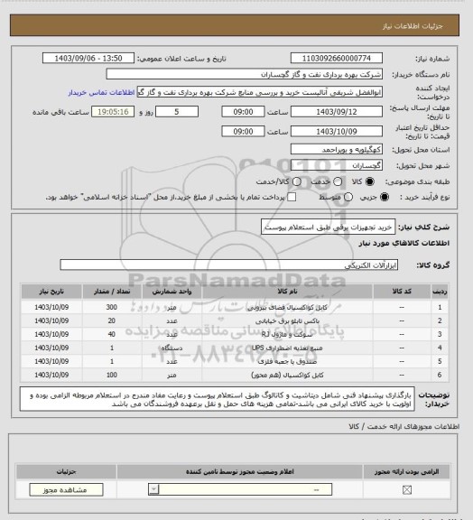 استعلام خرید تجهیزات برقی طبق استعلام پیوست