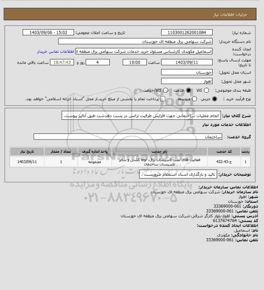 استعلام انجام عملیات ساختمانی جهت افزایش ظرفیت ترانس در پست دهدشت طبق آنالیز پیوست.