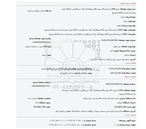 مزایده، 1.2858سهم از14سهم از49سهم6دانگ پلاک ثبتی2فرعی از2231 اصلی بخش1به مساحت8.42 مترمربع