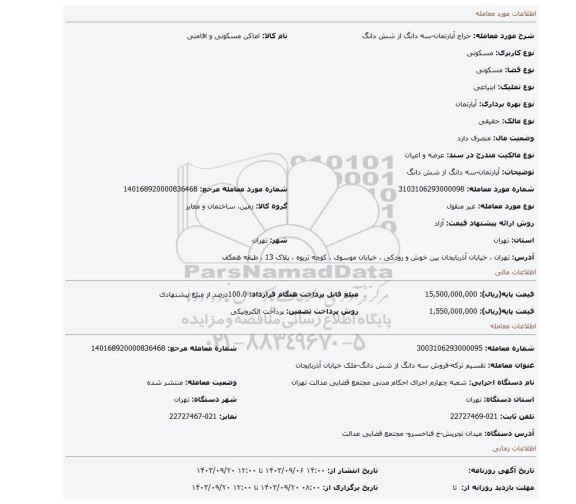 مزایده، آپارتمان-سه دانگ از شش دانگ