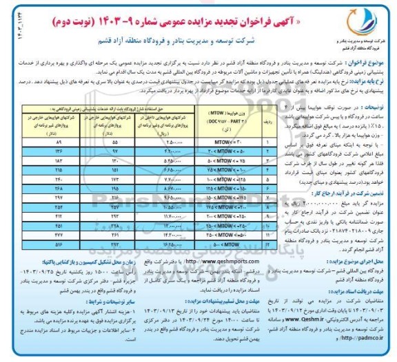 فراخوان مزایده واگذاری و بهره برداری از خدمات پشتیبانی زمینی فرودگاهی (هندلینگ) همراه با تامین تجهیزات و ماشین آلات مربوطه-تجدید نوبت دوم