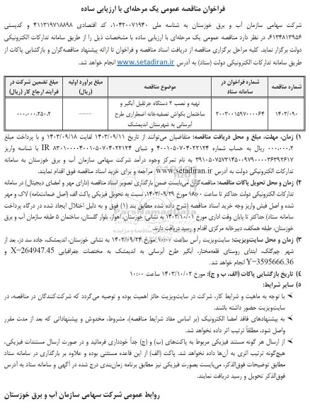 فراخوان مناقصه تهیه و نصب 2 دستگاه جرثقیل آبگیر و ساختمان بکواش تصفیه خانه اضطراری 