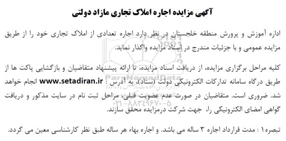 مزایده اجاره املاک تجاری مازاد دولتی
