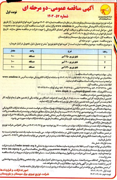 مناقصه خرید انواع تابلو توزیع
