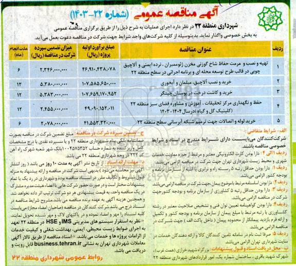 مناقصه تهیه و نصب و مرمت حفاظ شاخ گوزنی مخزن ژئوممبران، و ... 