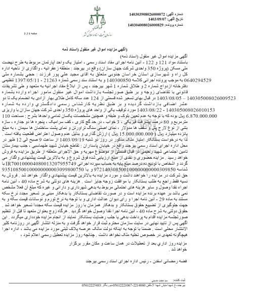 مزایده امتیاز یک واحد آپارتمان 350 واحدی