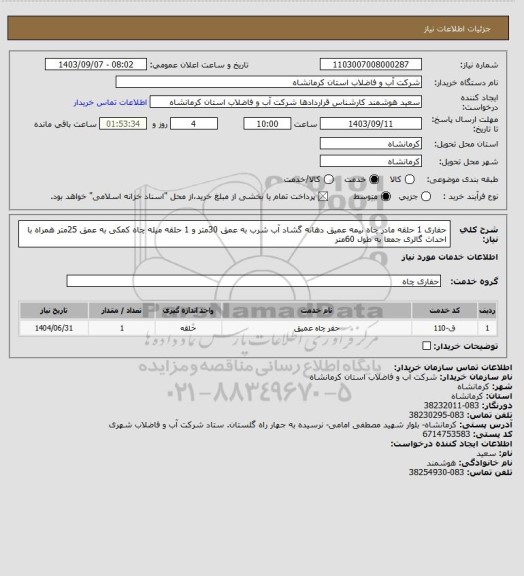 استعلام حفاری 1 حلقه مادر چاه نیمه عمیق دهانه گشاد آب شرب به عمق 30متر و 1 حلقه میله چاه کمکی به عمق 25متر همراه با احداث گالری جمعا به طول 60متر