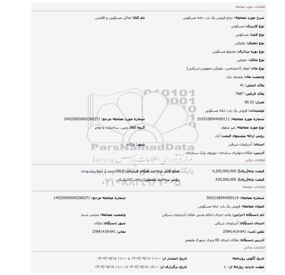 مزایده، فروش یک باب خانه مسکونی