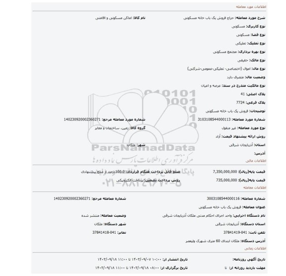 مزایده، فروش یک باب خانه مسکونی