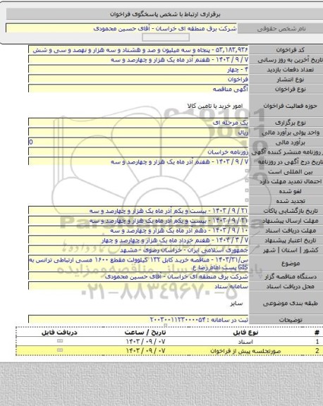 مناقصه, س/۱۴۰۳/۳۱ - مناقصه خرید کابل ۱۳۲ کیلوولت مقطع ۱۶۰۰ مسی ارتباطی ترانس به GIS پست امام رضا ع