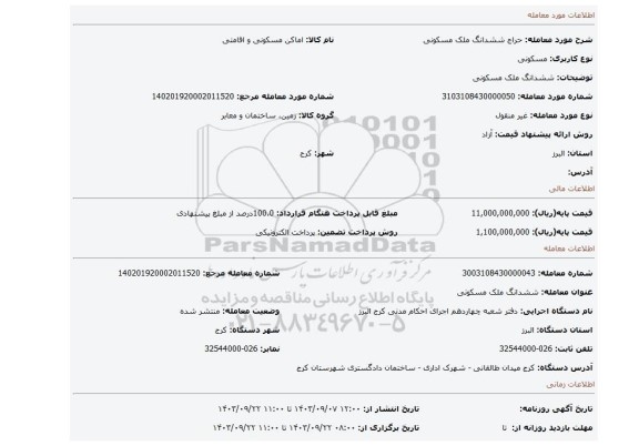 مزایده، ششدانگ ملک مسکونی