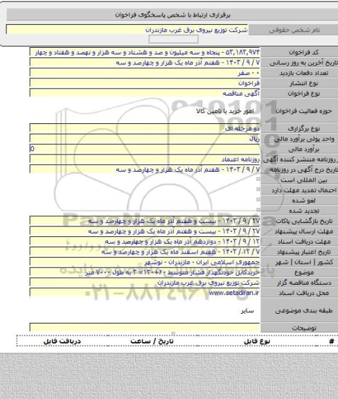 مناقصه, خریدکابل خودنگهدار فشار متوسط ۶۰+۱۲۰× ۳ به طول ۷۰۰۰ متر