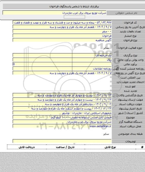 مناقصه, فروش کابل مسی اسقاط به مقدار ۱۰.۰۰۰ کیلو گرم