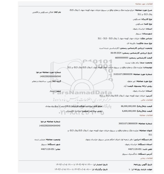 مزایده، مزایده ملک و مغازه واقع در سبزوار-خیابان جهاد-کوچه جهاد 1-پلاک 515-پلاک 513- و 511