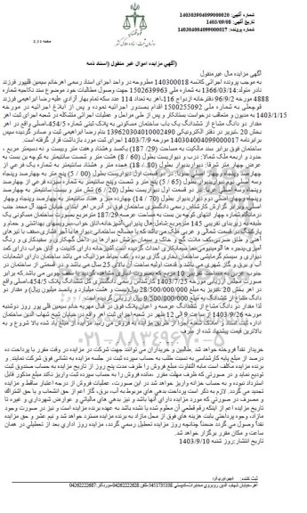 مزایده فروش مقدار دو دانگ مشاع از ششدانگ یک باب ساختمان مسکونی به پلاک ثبتی شماره 454/5