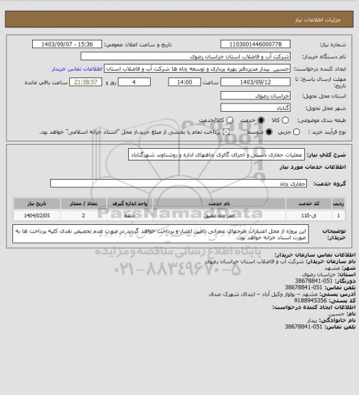 استعلام عملیات حفاری دستی و اجرای گالری  چاههای اداره و روشناوند شهرگناباد