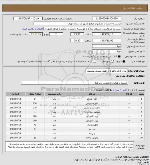 استعلام پریز، کابل، تابلو کروز طبق لیست پیوست.