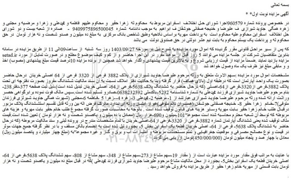 مزایده فروش ملک ( مقدار 19-سهم مشاع از273-سهم مشاع از 348- سهم مشاع از 808- سهم ششدانگ پلاک 5638-فرعی از 64- اصلی