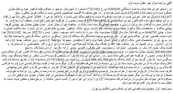 مزایده فروش ملک پلاک ثبتی بشماره 36513 فرعی از 2398 اصلی