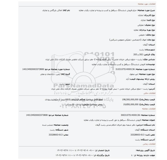مزایده، فروش ششدانگ سرقفل و کسب و پیشه و تجارت یکباب مغازه