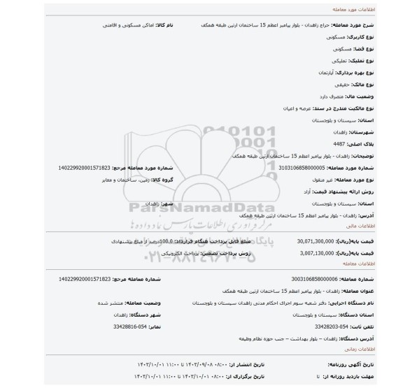 مزایده، زاهدان - بلوار پیامبر  اعظم 15 ساختمان ارتین طبقه همکف