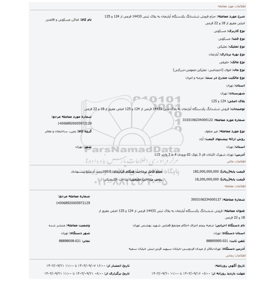 مزایده، فروش ششدانگ یکدستگاه آپارتمان به پلاک ثبتی 14433 فرعی از 124 و 125 اصلی مفروز از 18 و 22 فرعی