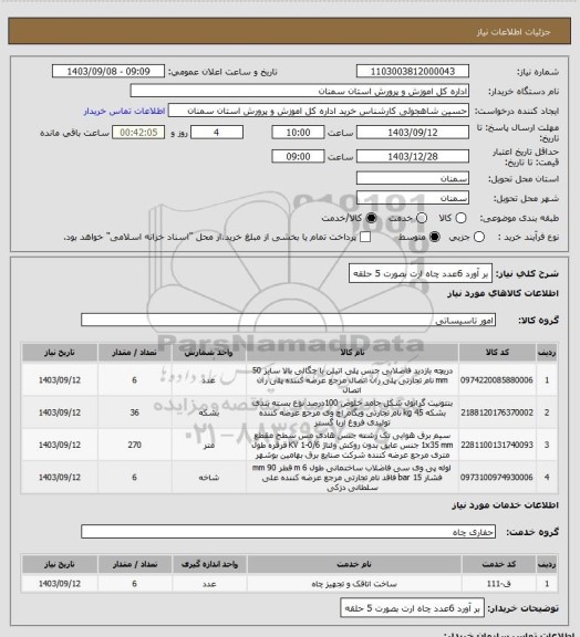 استعلام بر آورد 6عدد چاه ارت بصورت 5 حلقه