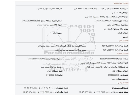 مزایده، فروش 718/8 سهم از 2028 سهم یک قطعه زمین