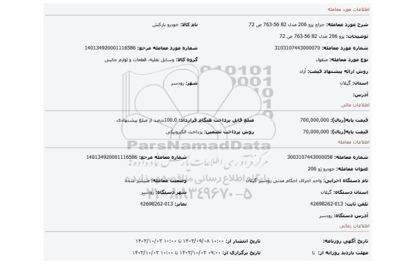 مزایده، پزو 206 مدل 82 56-763 ص 72