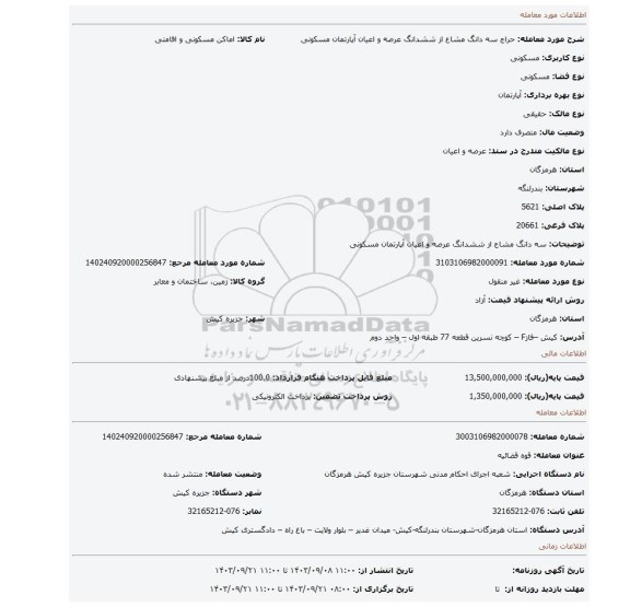 مزایده،  سه دانگ مشاع از ششدانگ عرصه و اعیان آپارتمان مسکونی