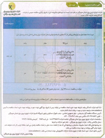 مناقصه خرید 70000 انواع هادی روکش دار CC