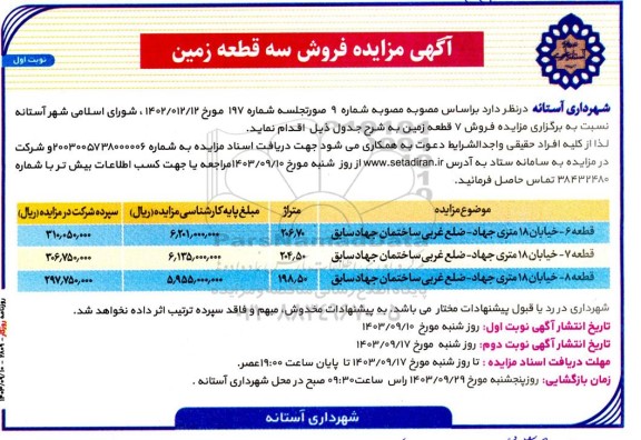 مزایده فروش سه قطعه زمین