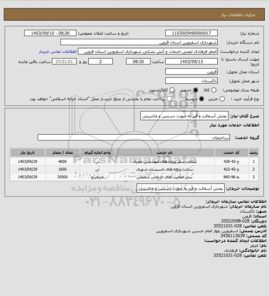 استعلام پخش آسفالت  و  قیر به صورت دستس و ماشینی