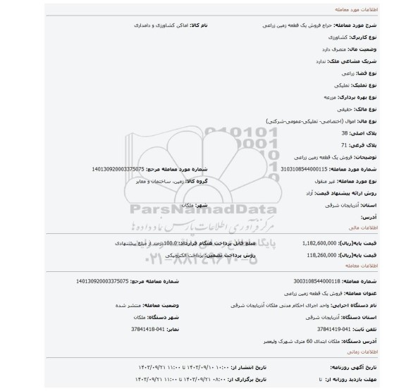 مزایده، فروش یک قطعه زمین زراعی