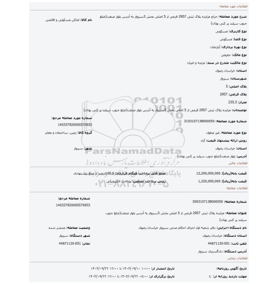 مزایده، مزایده پلاک ثبتی 2957 فرعی از 5 اصلی بخش 3سبزوار به آدرس بلوار صنعت(ضلع جنوب سیلند پر کنی بوتان)