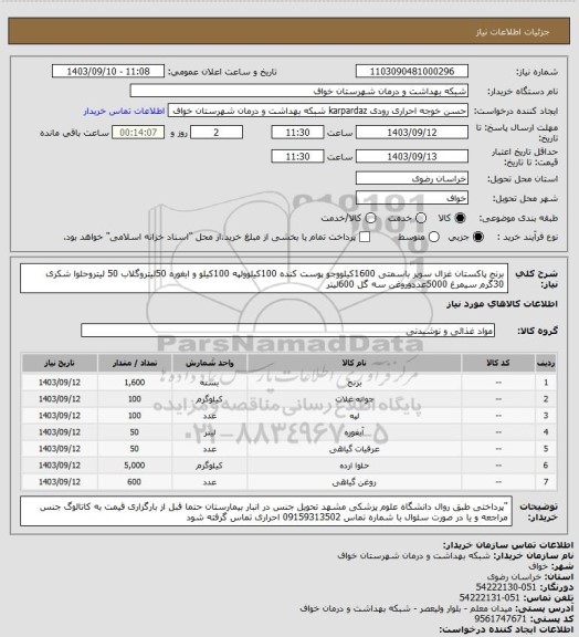 استعلام برنج پاکستان غزال سوپر باسمتی 1600کیلووجو پوست کنده 100کیلوولپه 100کیلو و ابغوره 50لیتروگلاب 50 لیتروحلوا شکری 30گرم سیمرغ 5000عددوروغن سه گل 600لیتر