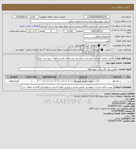 استعلام واگذاری عملیات توسعه و بهسازی شبکه برق روستاهای افشار و قولان شهرستان جلفا